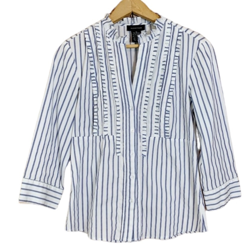 Spense White Blue Pinstripe Ruffle Button Front Blouse Elbow Sleeve